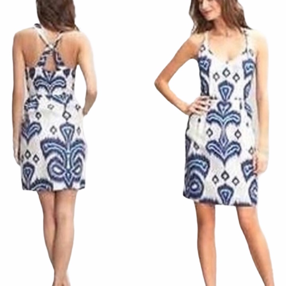 Banana Republic Silk Blue Ivory Ikat Crisscross Sheath Slip Column Dress - 4
